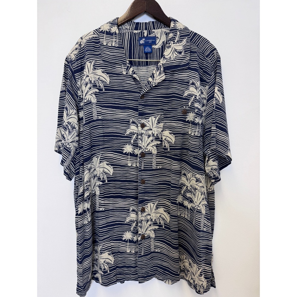 Caribbean Joe Men XXL 100% Silk Hawaiian Shirt Navy Blue Striped Palm Tree Print